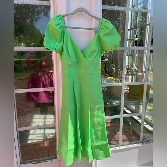 J Crew Puff Sleeve V-Neck Midi Stretch Linen Dress NWT - Picture 6 of 11